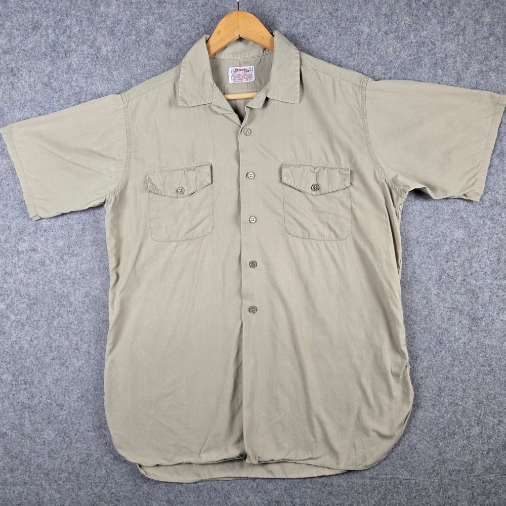 VTG 60s Creighton USN Regulation Shirt Men Medium Tan Short Sleeve Sanforized